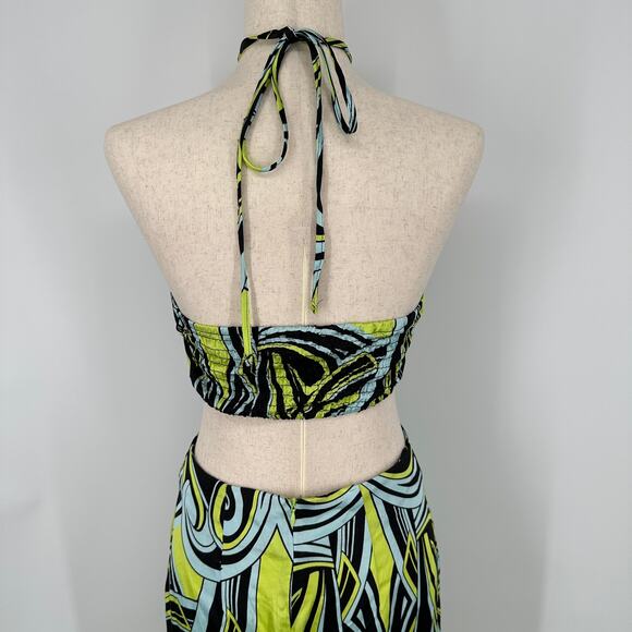 Topshop Abstract Green Blue Swirl Halter Side Cutout Dress Womens US Size 4 - Picture 6 of 12